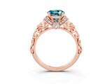 Rose gold Round Cut Blue Topaz Solitaire Ring with Filigree Band and Four-Prong Setting_27