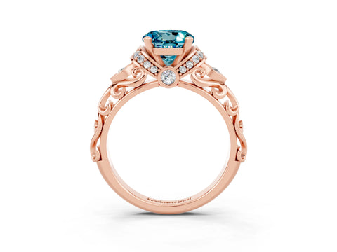 Rose gold Round Cut Blue Topaz Solitaire Ring with Filigree Band and Four-Prong Setting_27