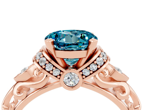 Rose gold Round Cut Blue Topaz Solitaire Ring with Filigree Band and Four-Prong Setting_28