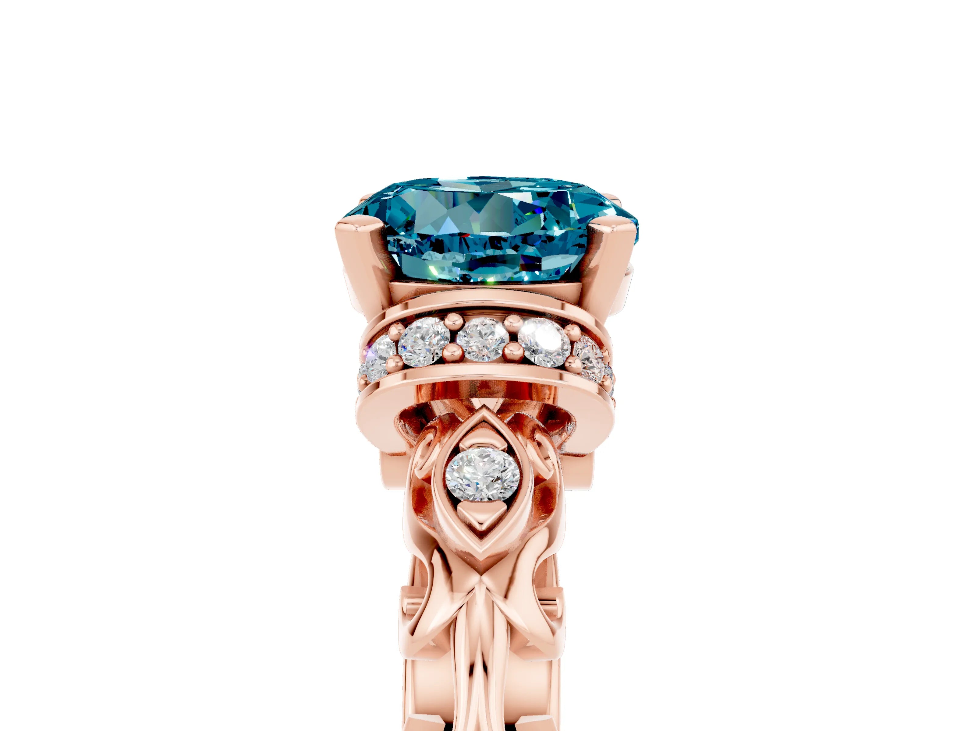 Rose gold Round Cut Blue Topaz Solitaire Ring with Filigree Band and Four-Prong Setting_29