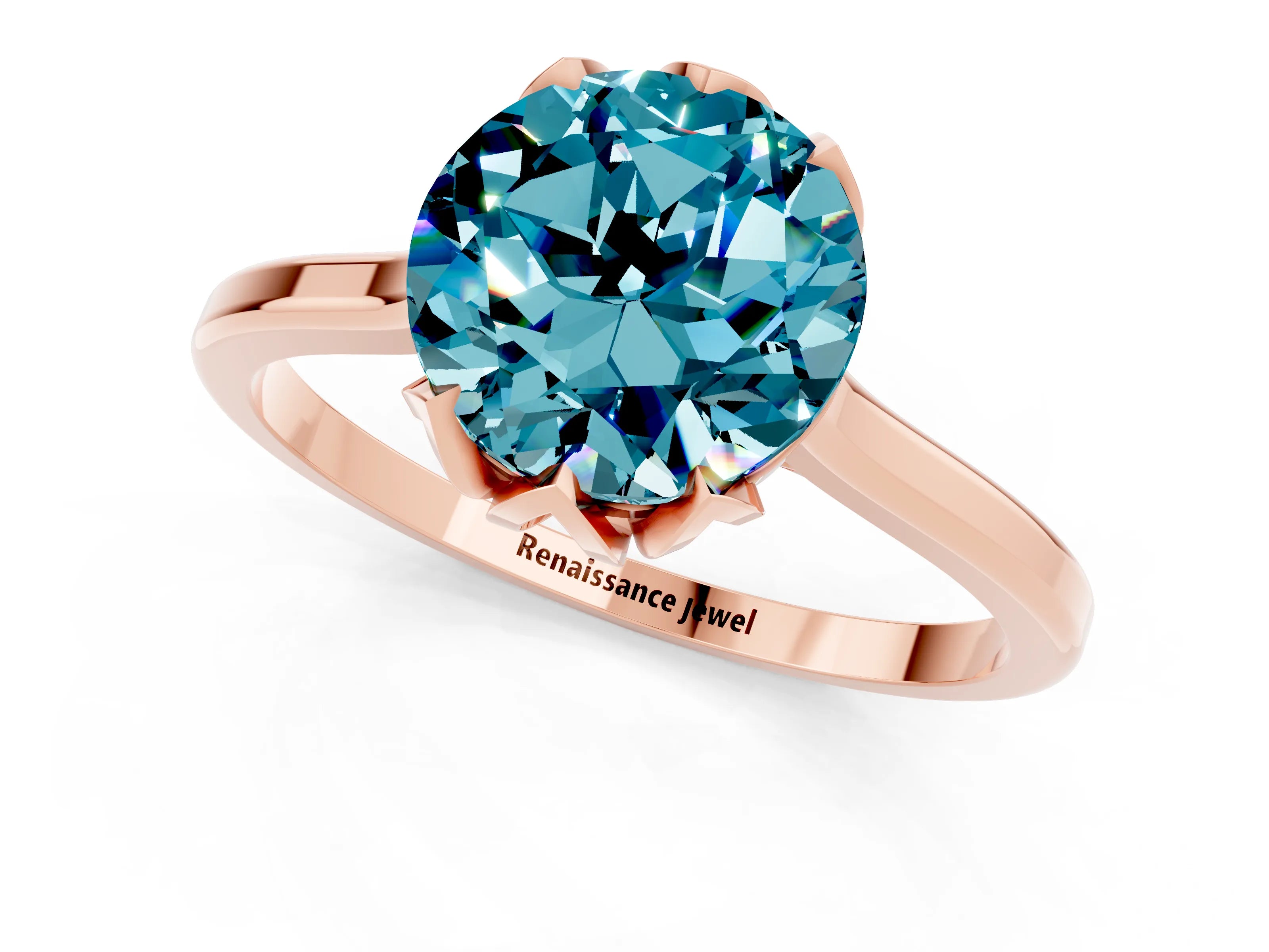 Rose gold Round Cut Blue Topaz Solitaire Ring with Flower Prong Setting and Classic Band_13