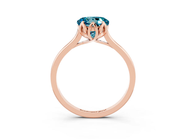Rose gold Round Cut Blue Topaz Solitaire Ring with Flower Prong Setting and Classic Band
