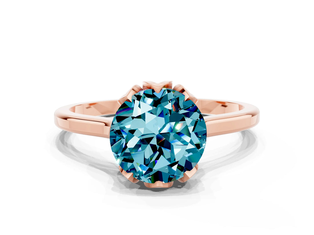 Rose gold Round Cut Blue Topaz Solitaire Ring with Flower Prong Setting and Classic Band_36