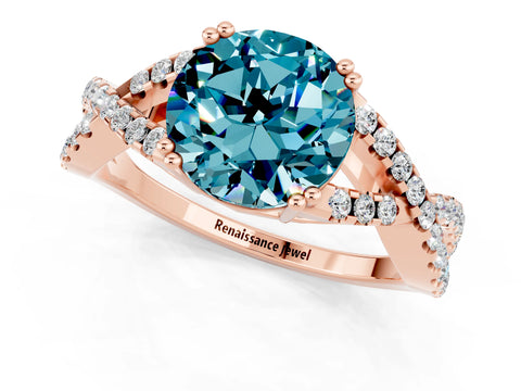 Rose gold Round Cut Blue Topaz Solitaire Ring with Four-Prong Setting and Twisted Pavé Band_1