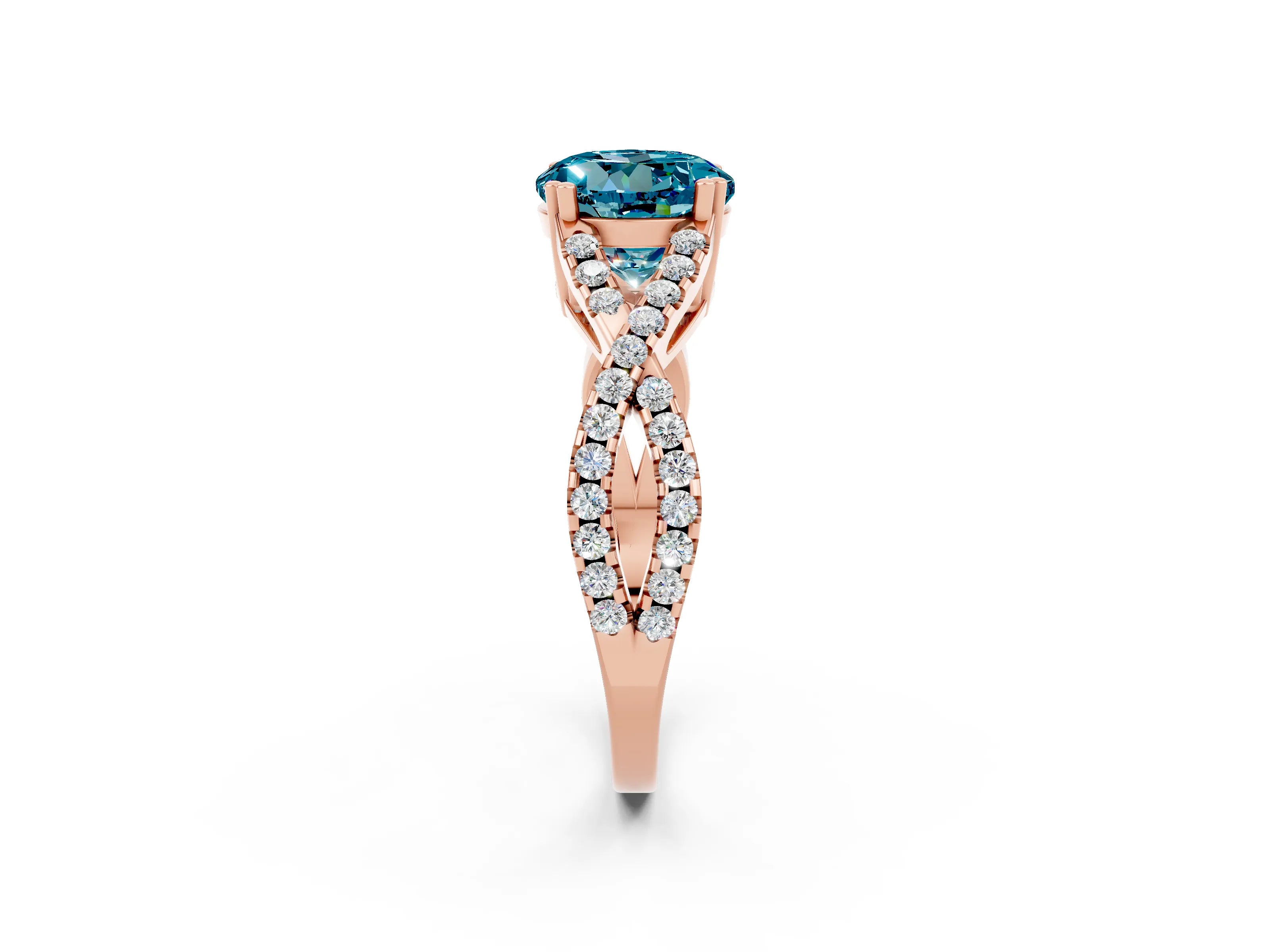 Rose gold Round Cut Blue Topaz Solitaire Ring with Four-Prong Setting and Twisted Pavé Band_2