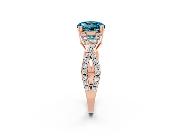 Rose gold Round Cut Blue Topaz Solitaire Ring with Four-Prong Setting and Twisted Pavé Band