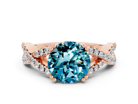 Rose gold Round Cut Blue Topaz Solitaire Ring with Four-Prong Setting and Twisted Pavé Band
