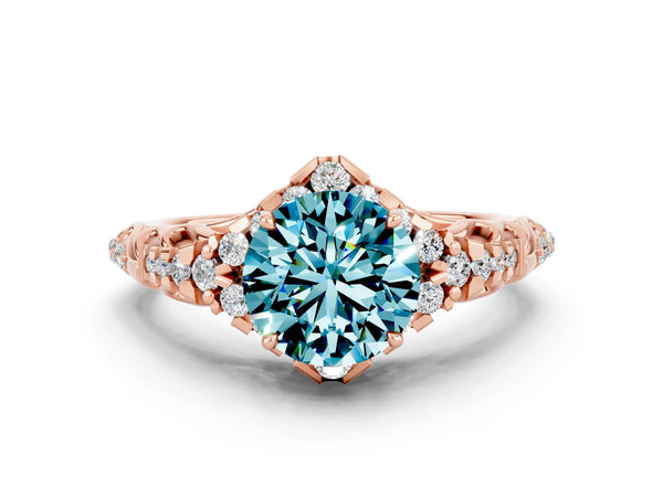 Rose gold Round Cut Blue Topaz Solitaire Ring with Hidden Halo and Pavé Band