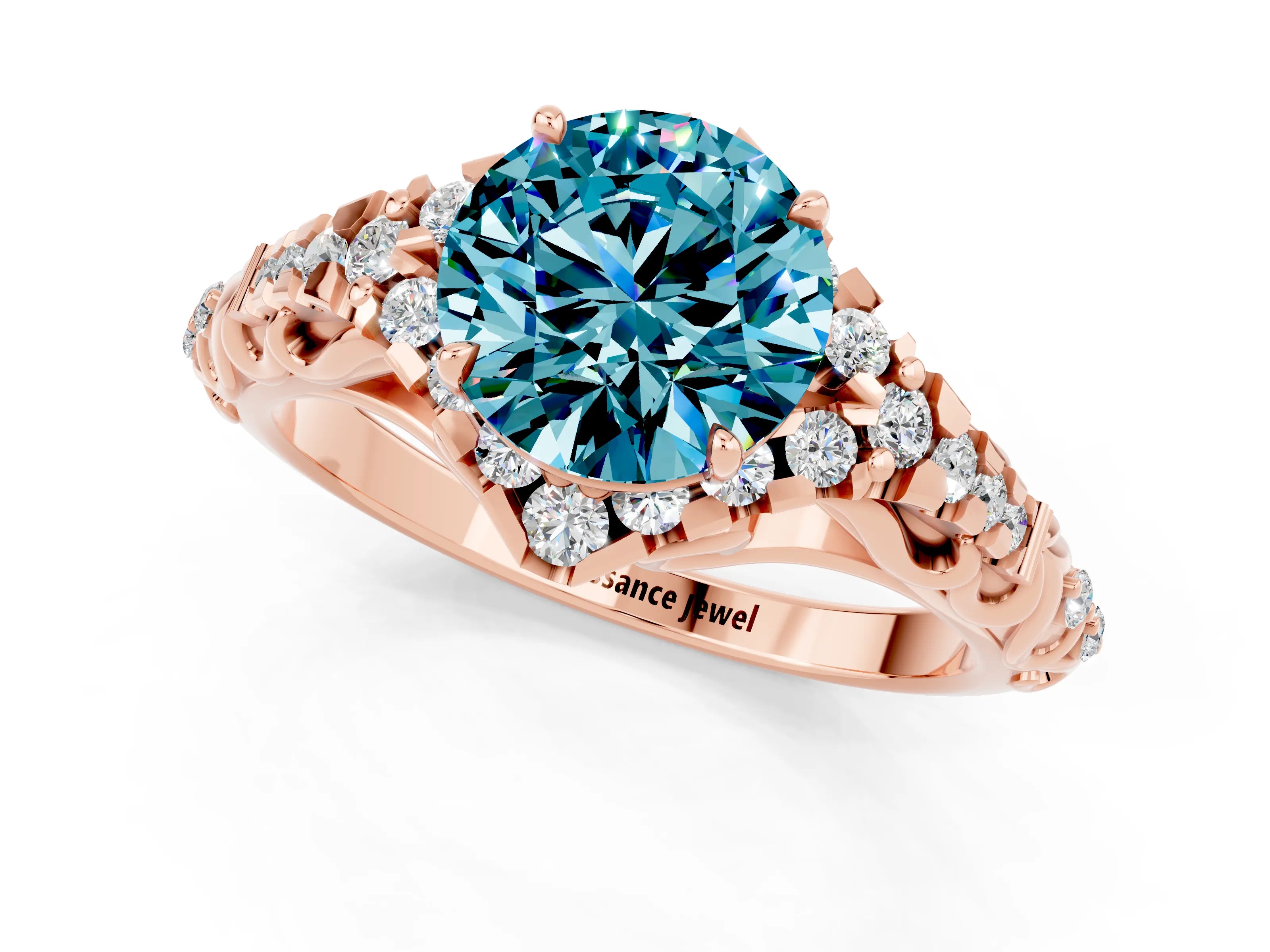 Rose gold Round Cut Blue Topaz Solitaire Ring with Hidden Halo and Pavé Band_13