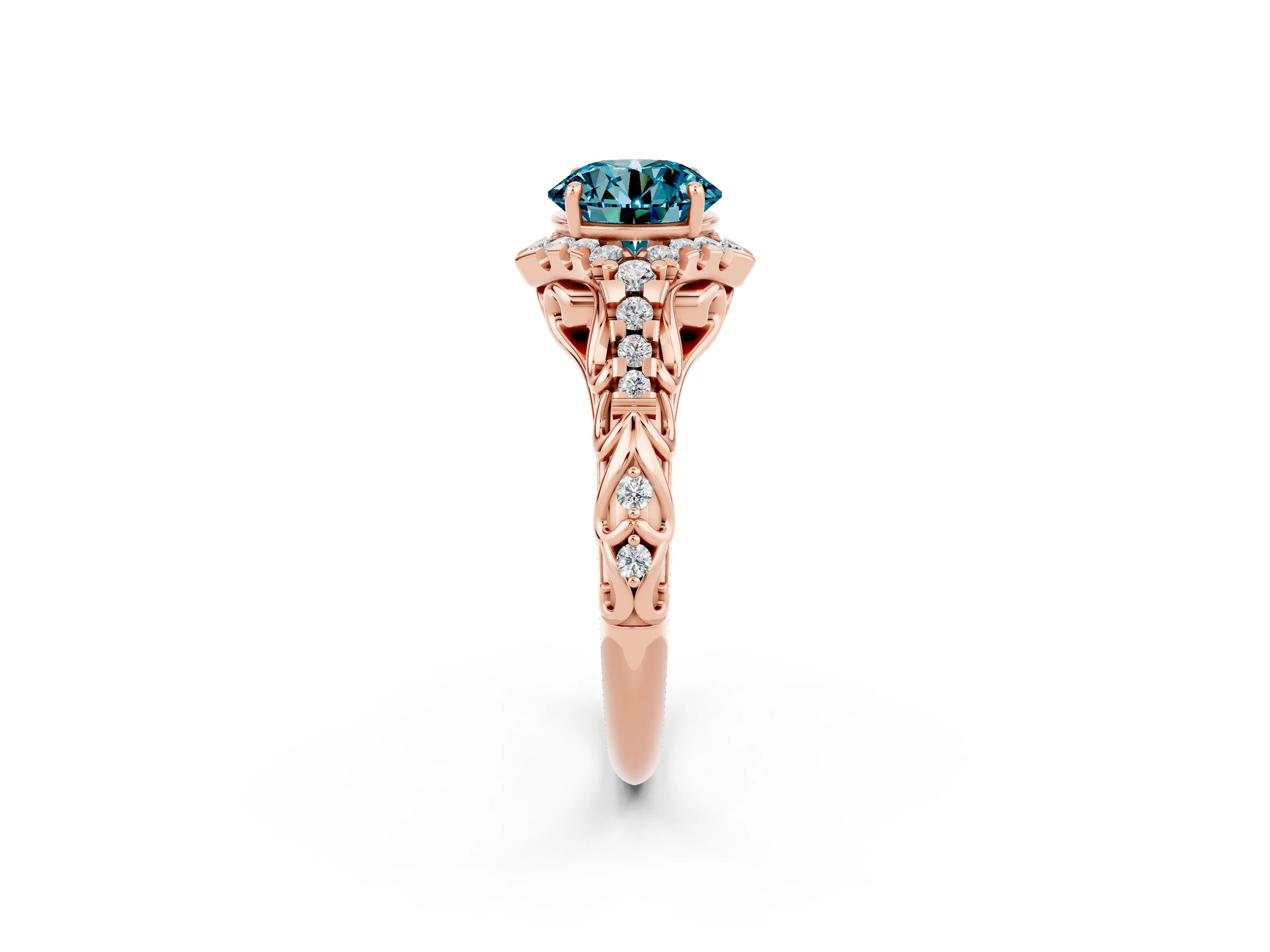 Rose gold Round Cut Blue Topaz Solitaire Ring with Hidden Halo and Pavé Band_14