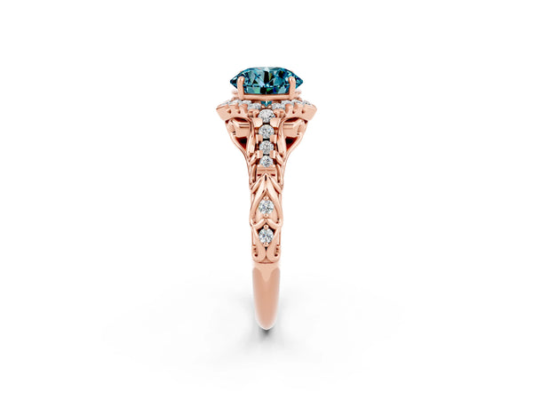 Rose gold Round Cut Blue Topaz Solitaire Ring with Hidden Halo and Pavé Band