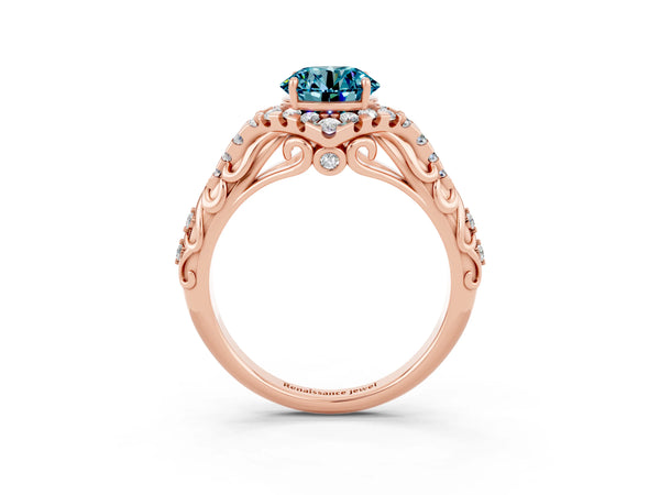 Rose gold Round Cut Blue Topaz Solitaire Ring with Hidden Halo and Pavé Band