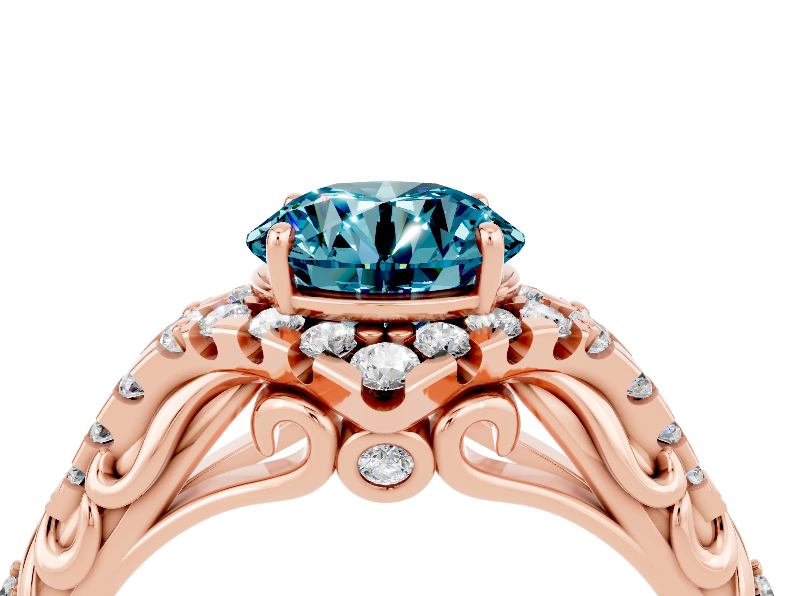 Rose gold Round Cut Blue Topaz Solitaire Ring with Hidden Halo and Pavé Band_16