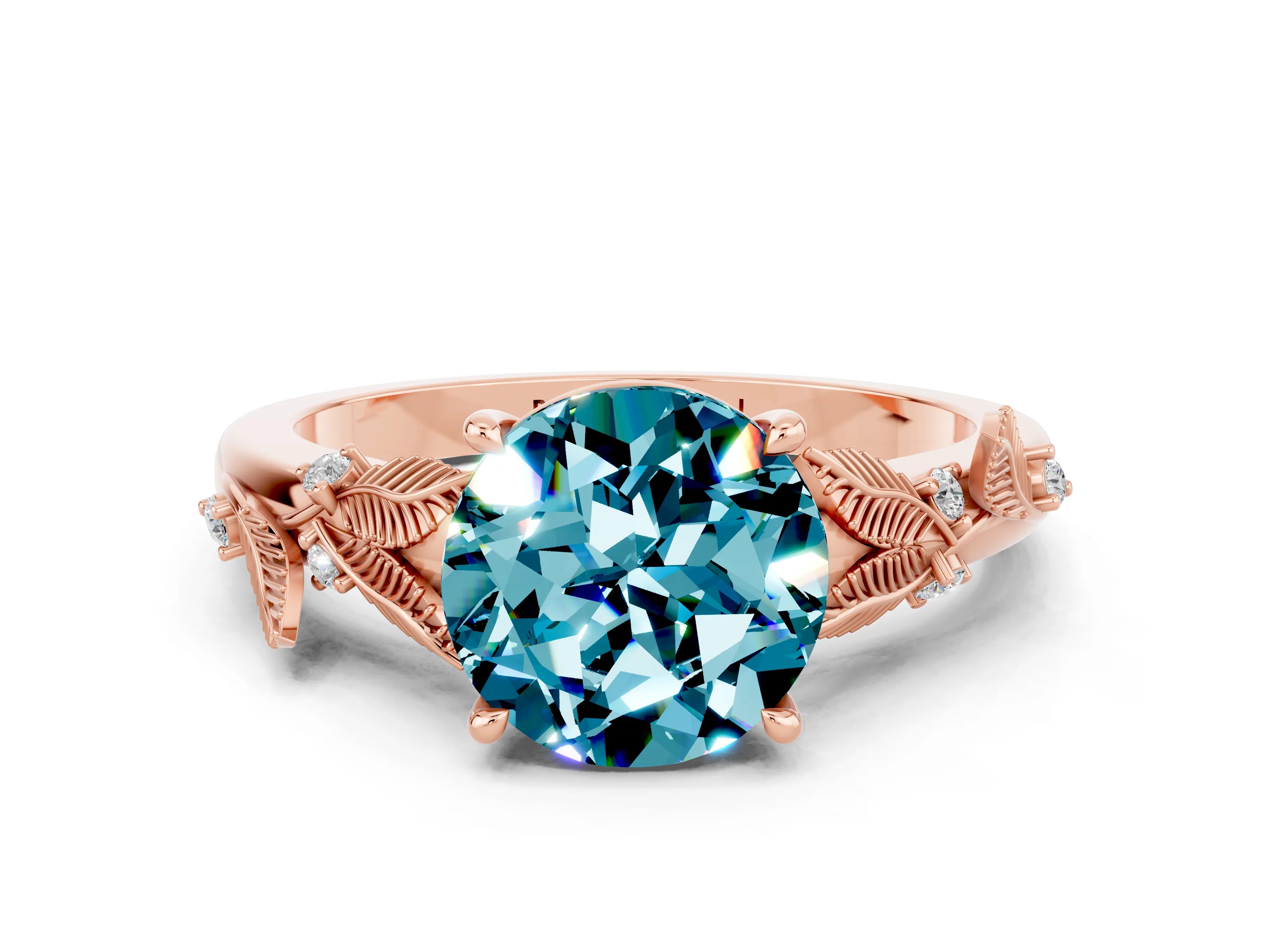 Rose gold Round Cut Blue Topaz Solitaire Ring with Leaf Motif Band and Four-Prong Setting
