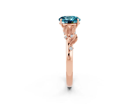 Rose gold Round Cut Blue Topaz Solitaire Ring with Leaf Motif Band and Four-Prong Setting_2
