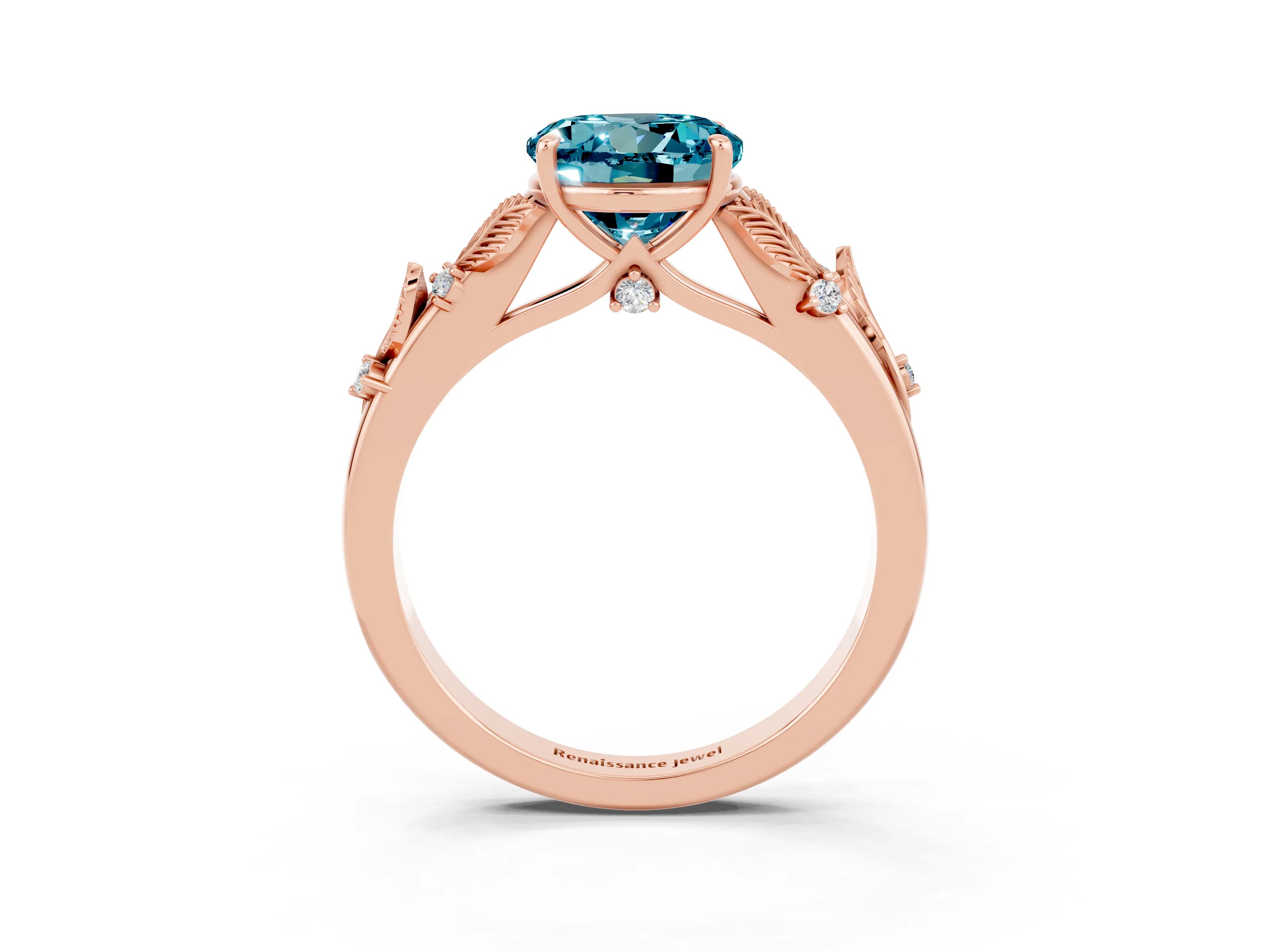 Rose gold Round Cut Blue Topaz Solitaire Ring with Leaf Motif Band and Four-Prong Setting_3