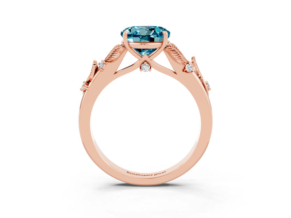 Rose gold Round Cut Blue Topaz Solitaire Ring with Leaf Motif Band and Four-Prong Setting