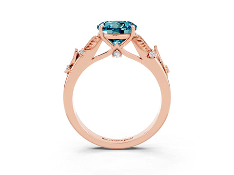 Rose gold Round Cut Blue Topaz Solitaire Ring with Leaf Motif Band and Four-Prong Setting_3