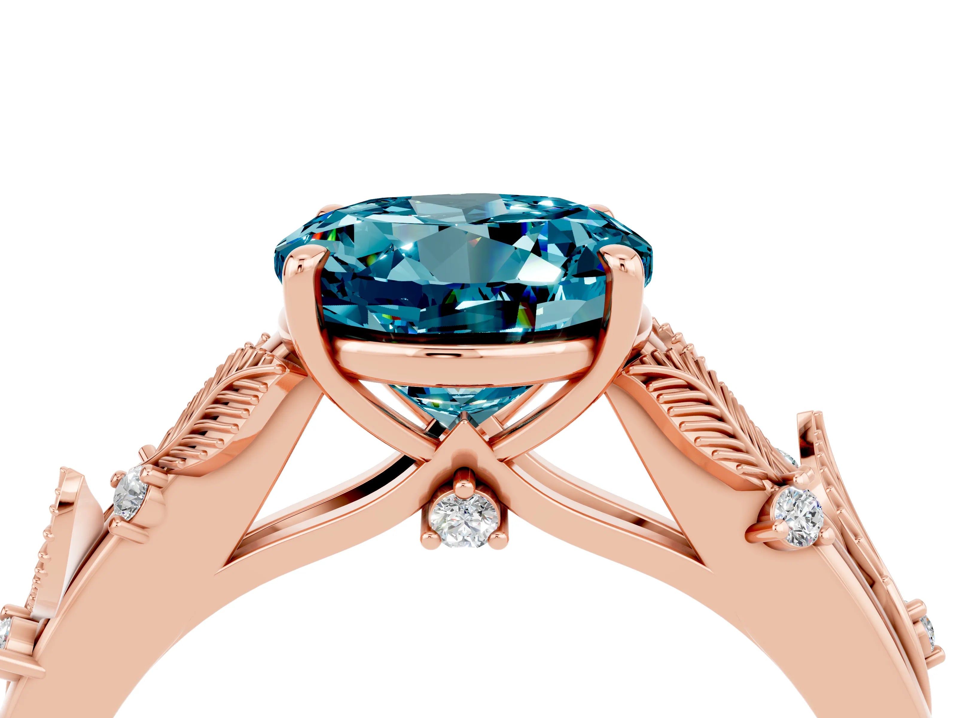 Rose gold Round Cut Blue Topaz Solitaire Ring with Leaf Motif Band and Four-Prong Setting_4