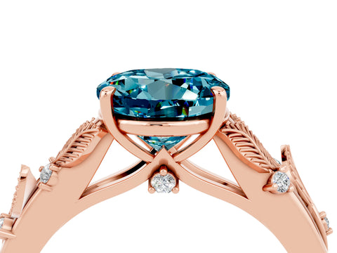 Rose gold Round Cut Blue Topaz Solitaire Ring with Leaf Motif Band and Four-Prong Setting_4