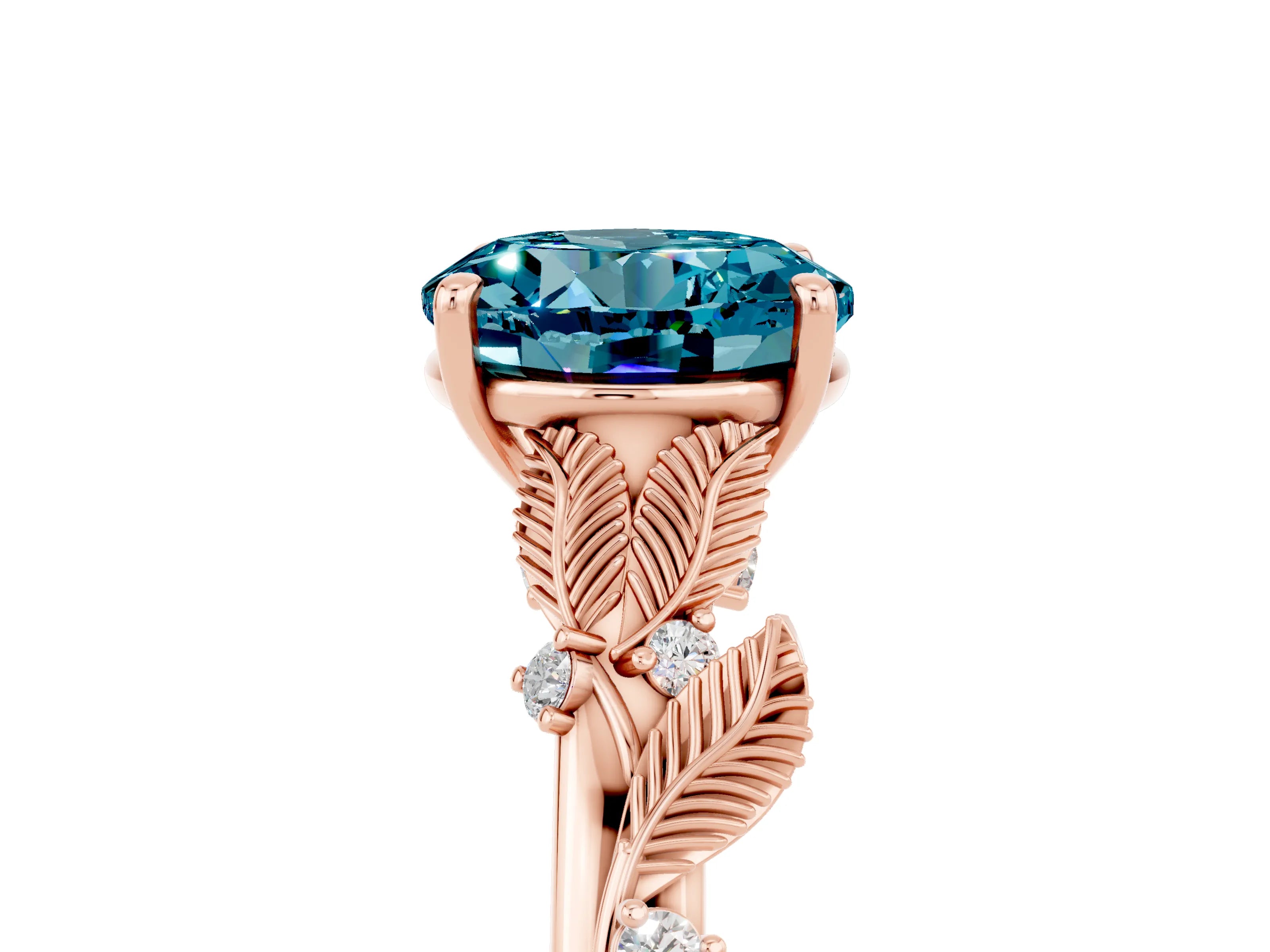 Rose gold Round Cut Blue Topaz Solitaire Ring with Leaf Motif Band and Four-Prong Setting_5