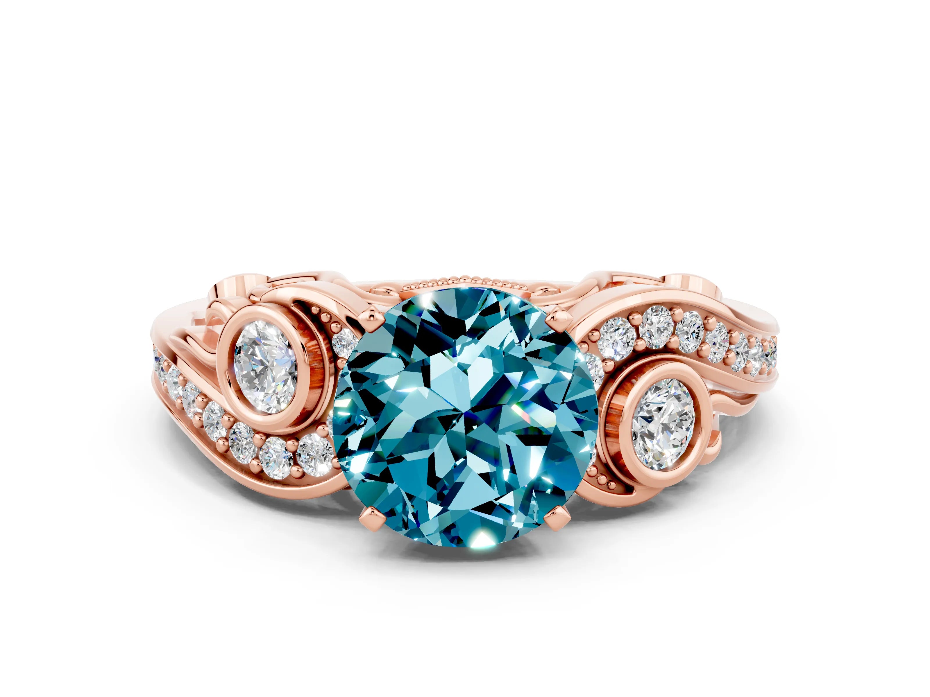 Rose gold Round Cut Blue Topaz Solitaire Ring with Milgrain Pavé Band and Four-Prong Setting_36