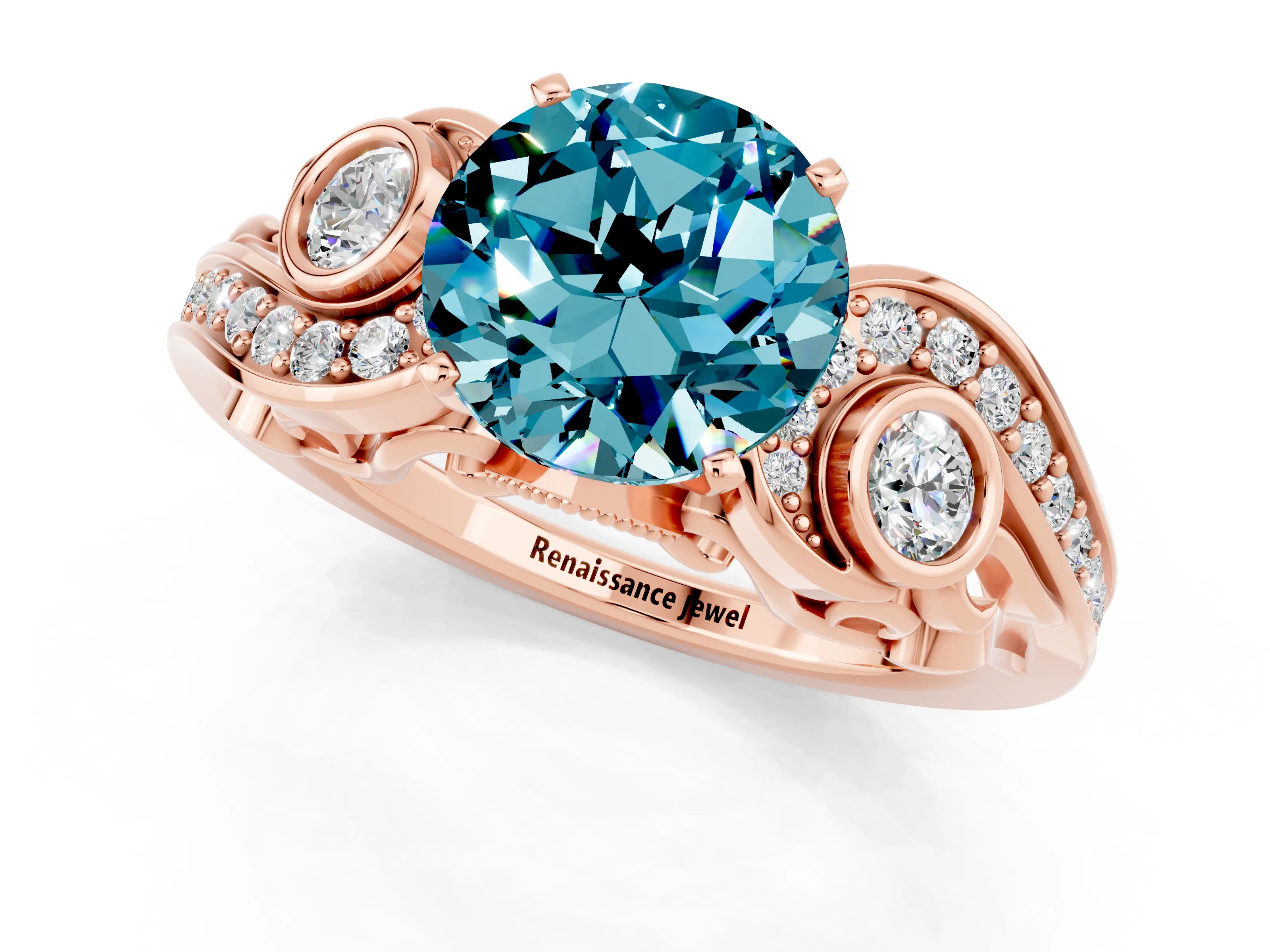 Rose gold Round Cut Blue Topaz Solitaire Ring with Milgrain Pavé Band and Four-Prong Setting_37