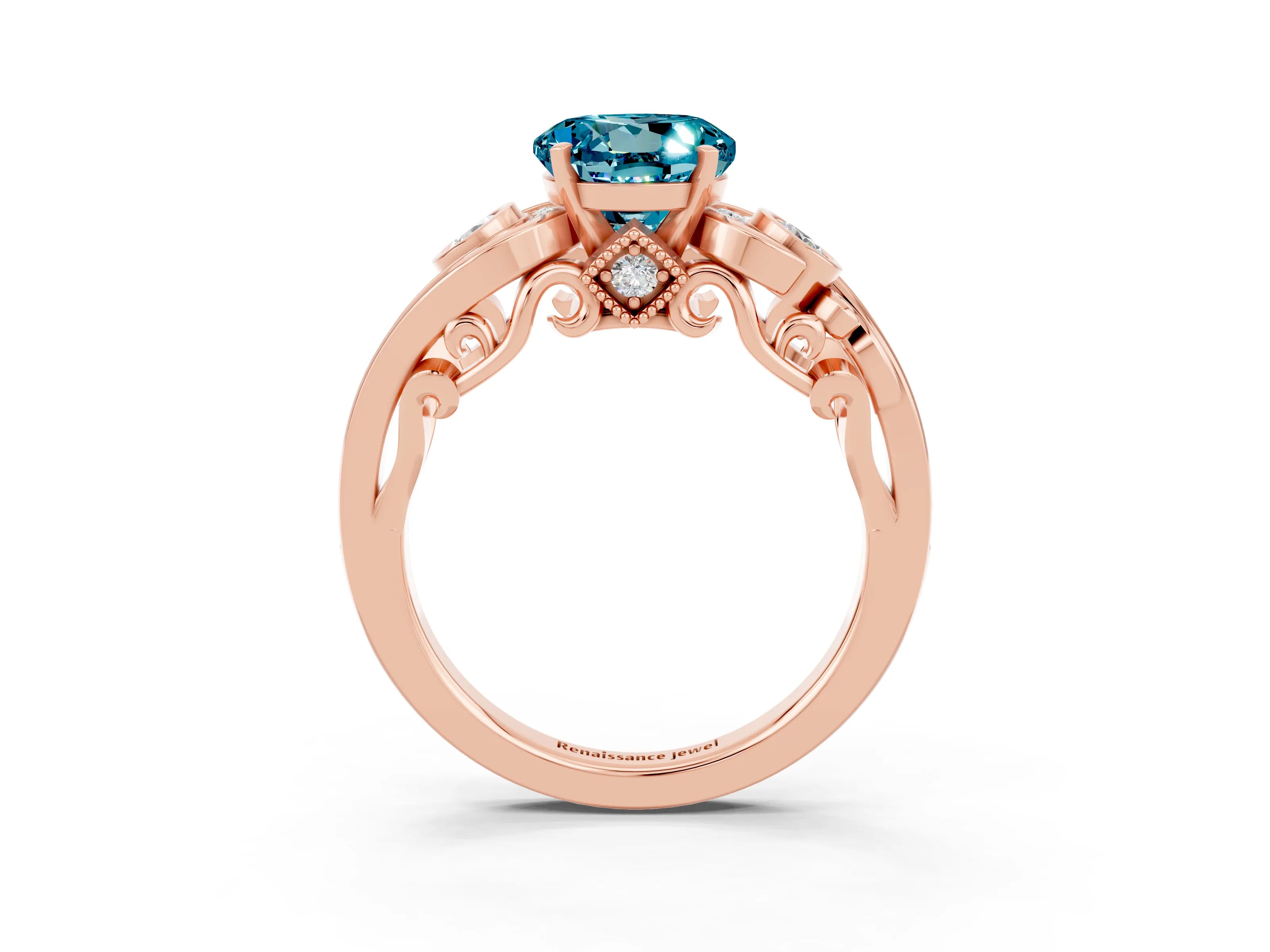 Rose gold Round Cut Blue Topaz Solitaire Ring with Milgrain Pavé Band and Four-Prong Setting_39