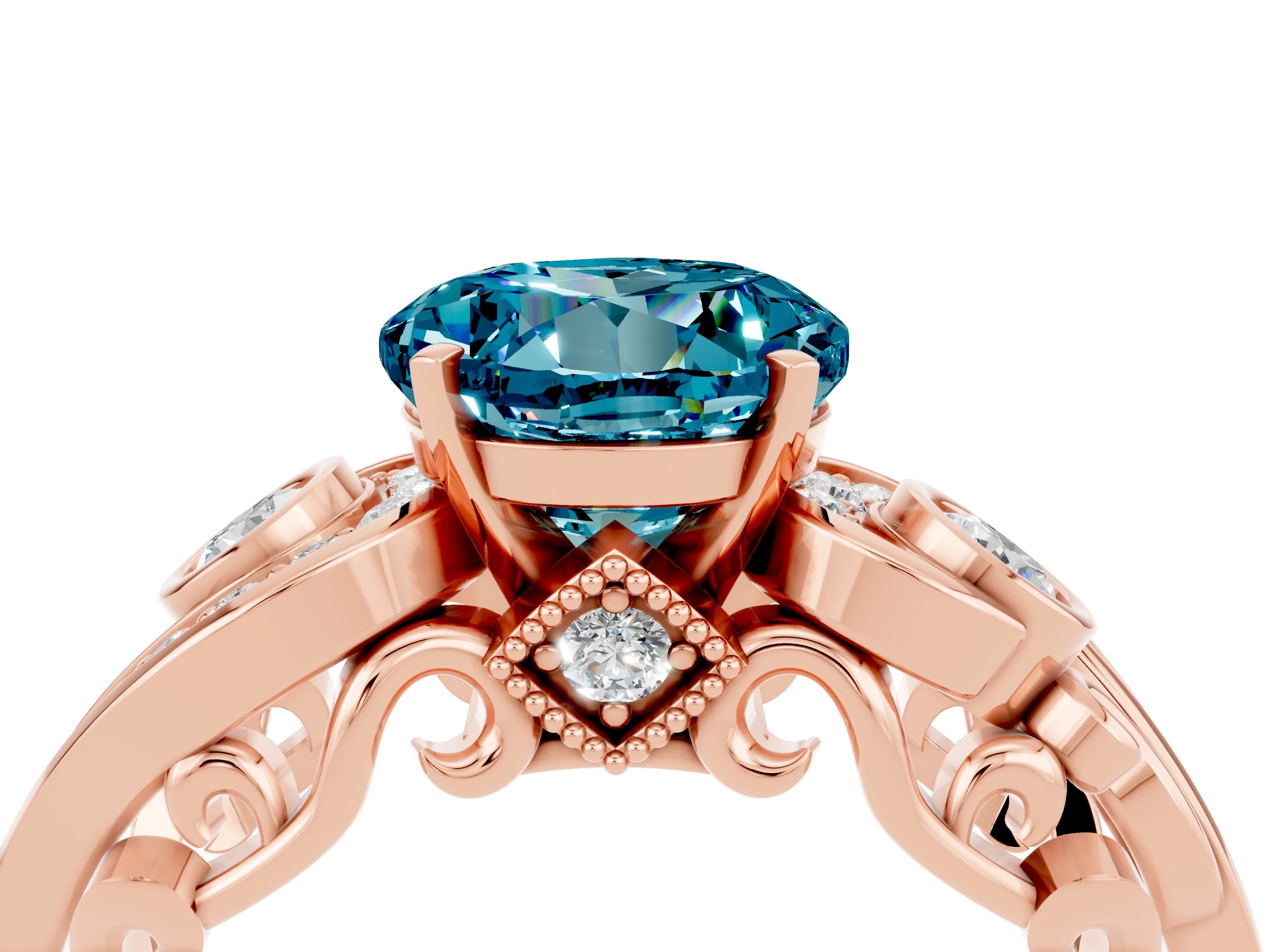 Rose gold Round Cut Blue Topaz Solitaire Ring with Milgrain Pavé Band and Four-Prong Setting_40