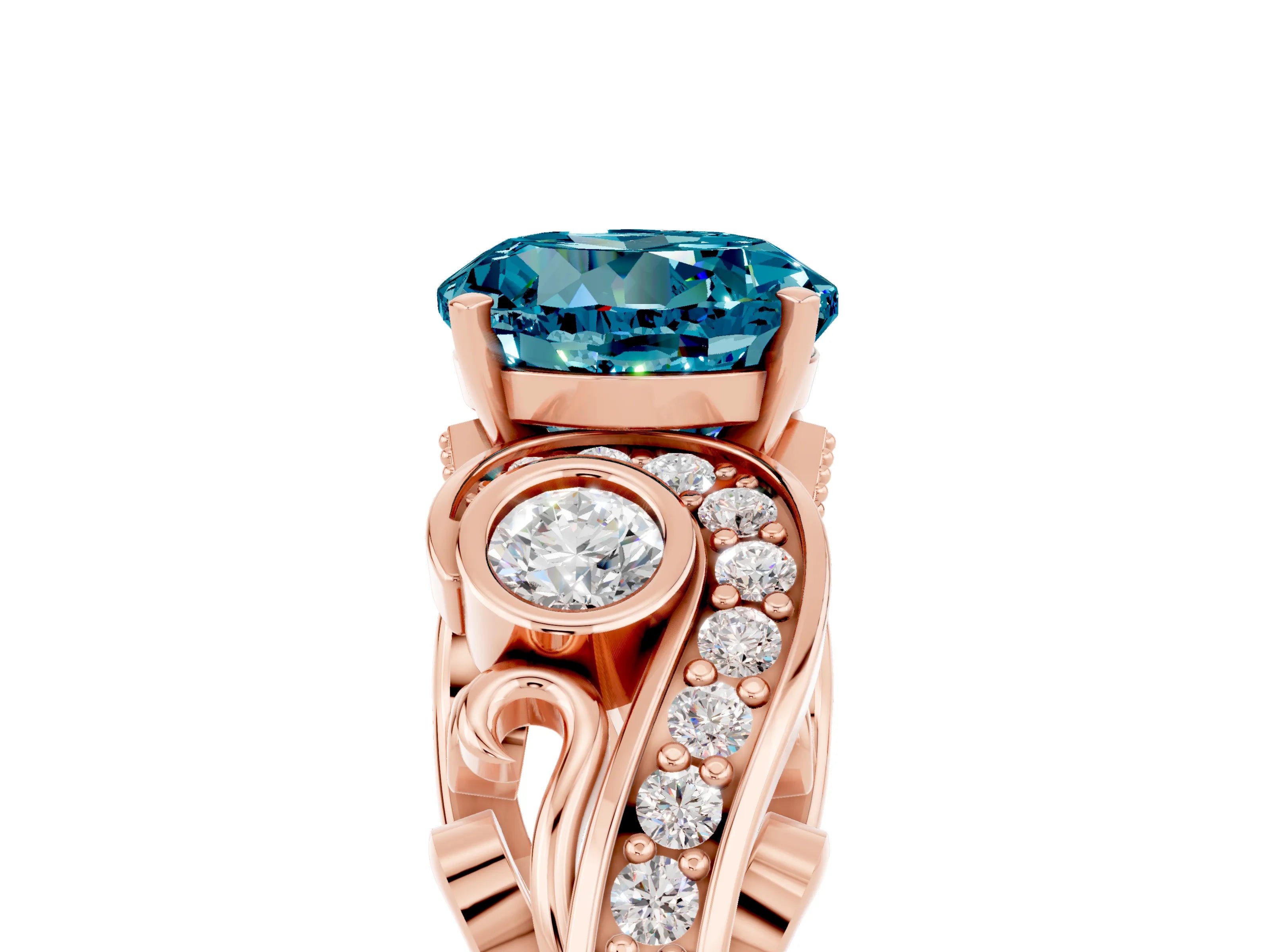 Rose gold Round Cut Blue Topaz Solitaire Ring with Milgrain Pavé Band and Four-Prong Setting_41
