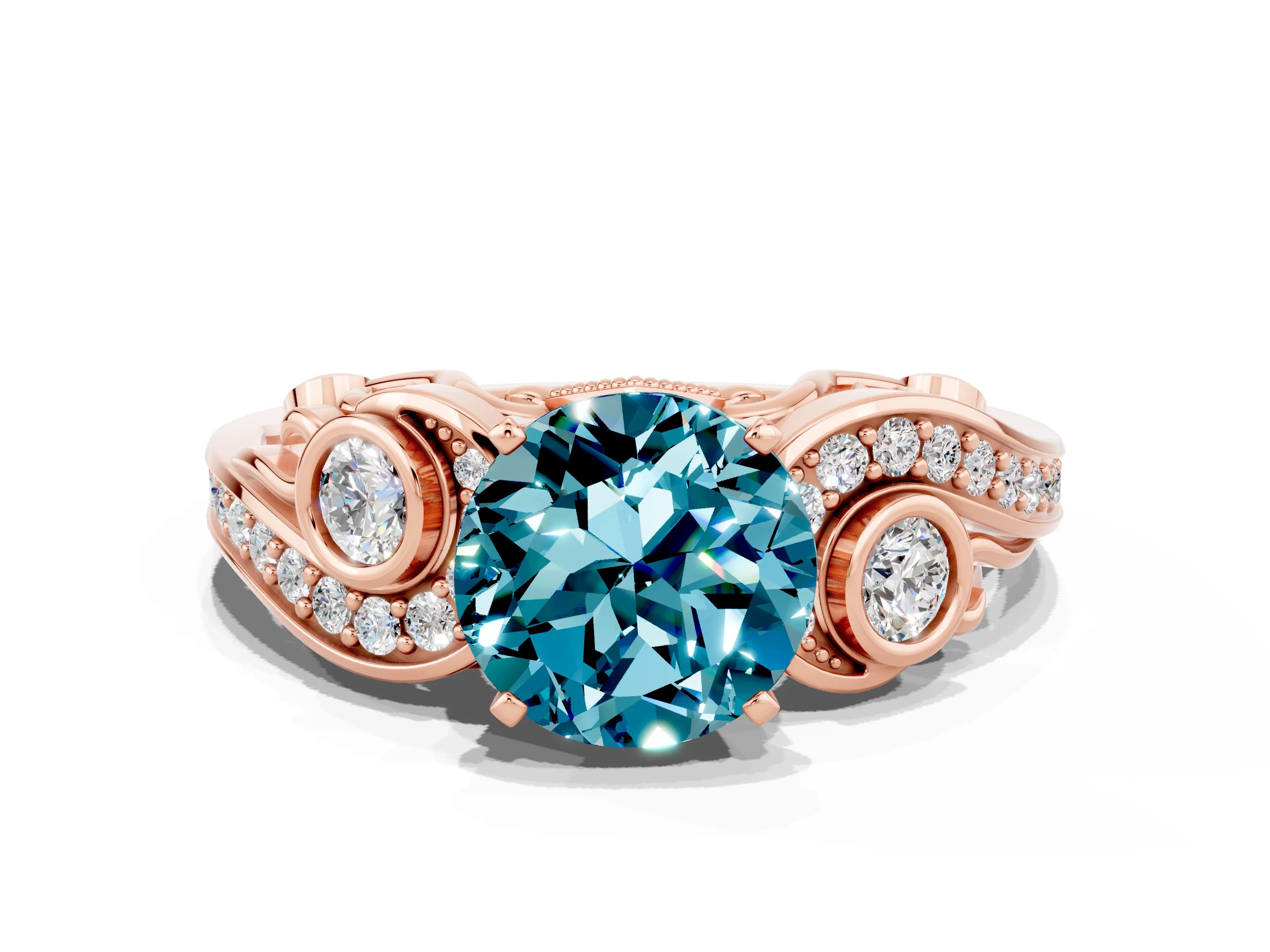 Rose gold Round Cut Blue Topaz Solitaire Ring with Milgrain Pavé Band and Four-Prong Setting_48