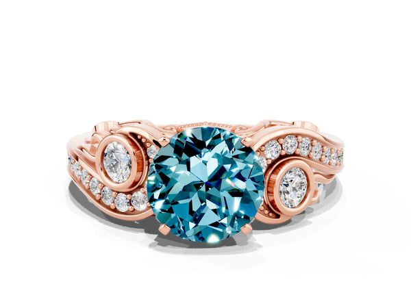 Rose gold Round Cut Blue Topaz Solitaire Ring with Milgrain Pavé Band and Four-Prong Setting