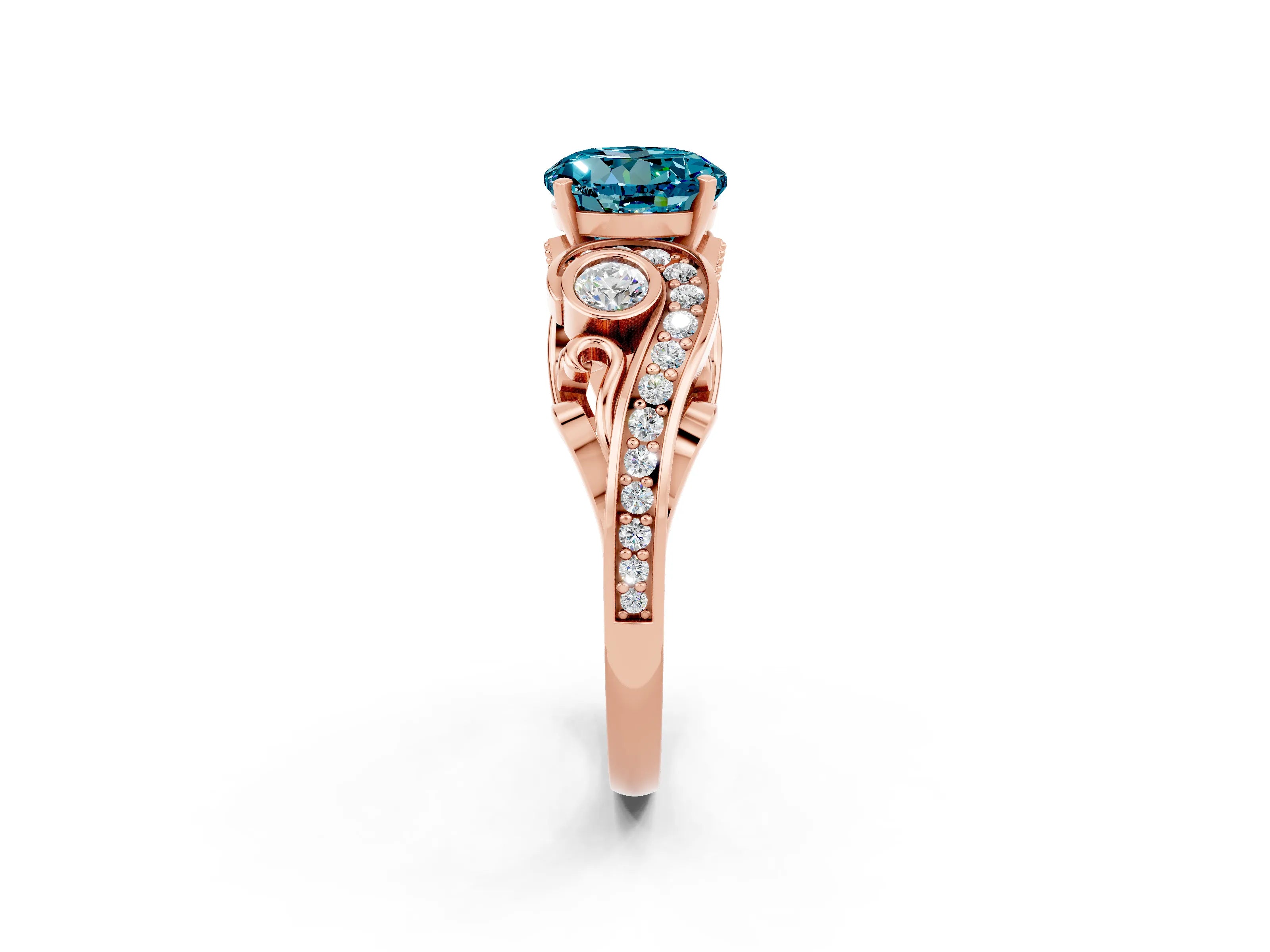 Rose gold Round Cut Blue Topaz Solitaire Ring with Milgrain Pavé Band and Four-Prong Setting_50