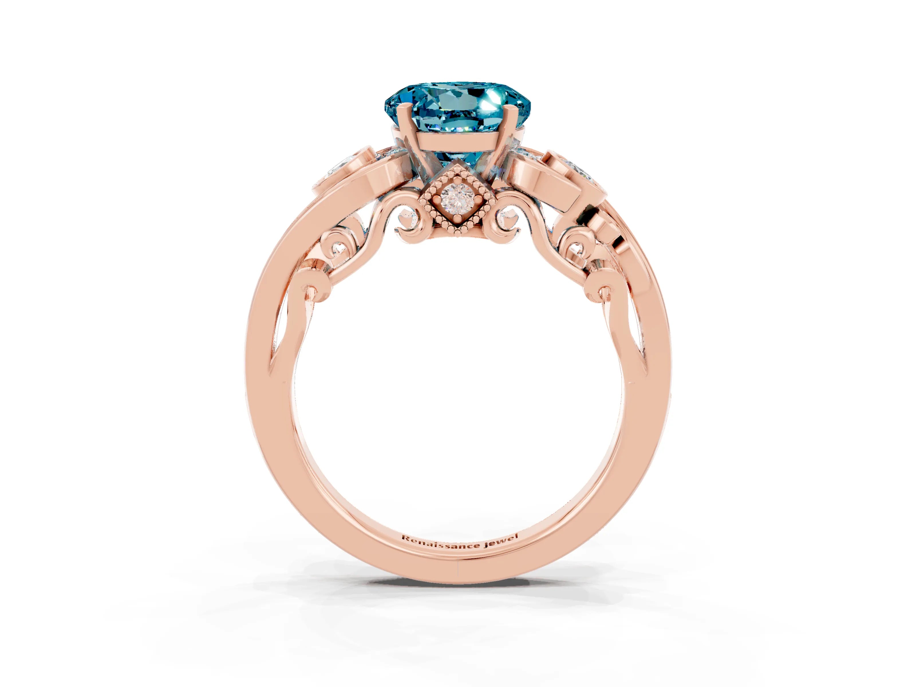 Rose gold Round Cut Blue Topaz Solitaire Ring with Milgrain Pavé Band and Four-Prong Setting_51