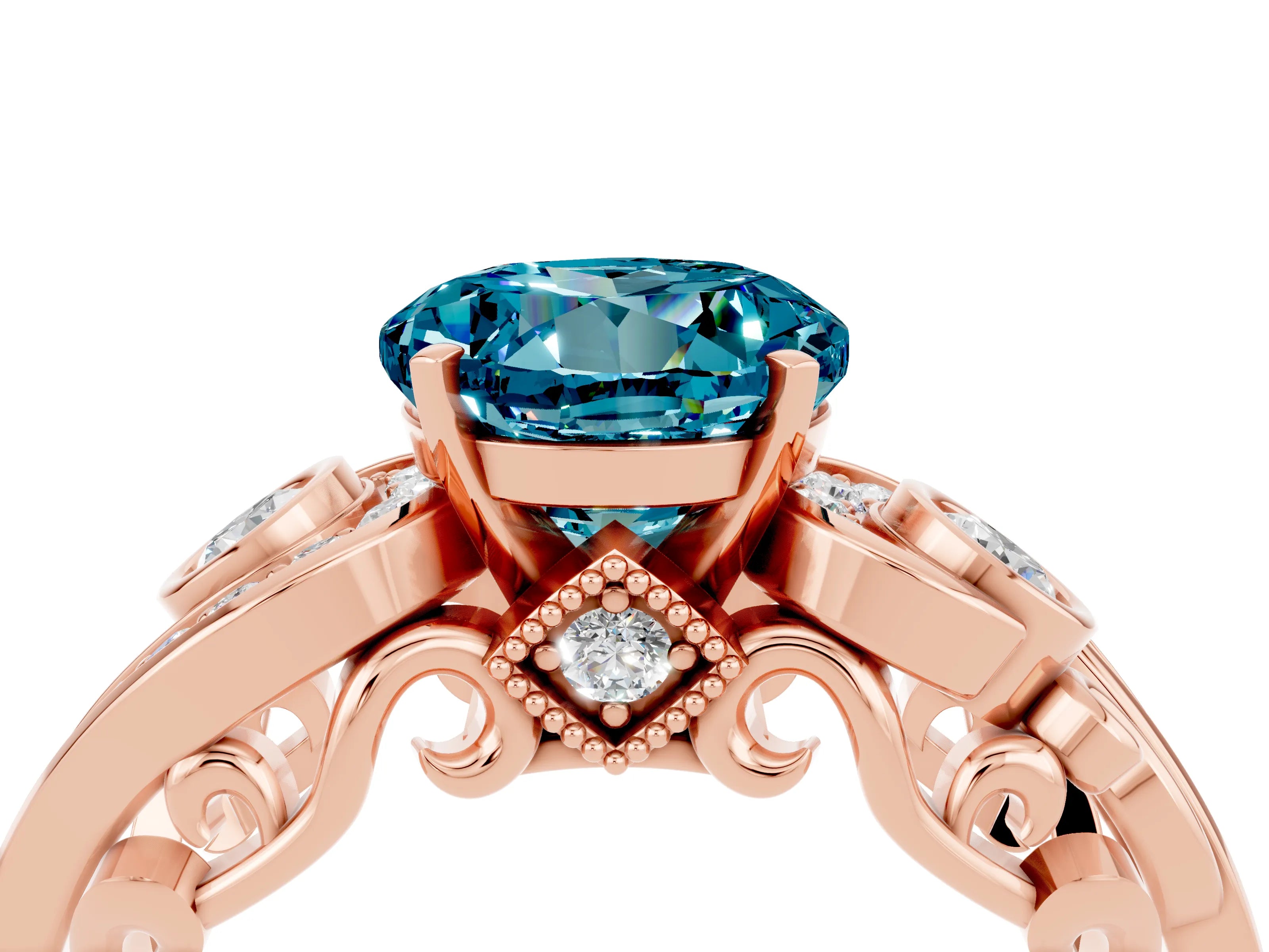 Rose gold Round Cut Blue Topaz Solitaire Ring with Milgrain Pavé Band and Four-Prong Setting_52