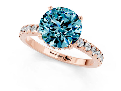 Rose gold Round Cut Blue Topaz Solitaire Ring with Pavé Band and Four-Prong Setting_37
