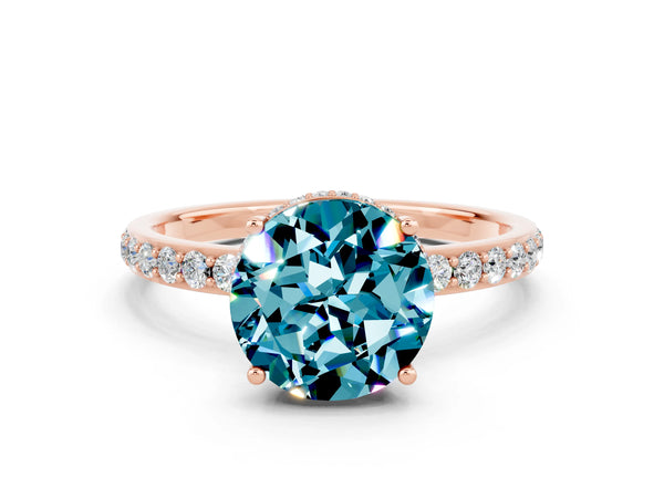 Rose gold Round Cut Blue Topaz Solitaire Ring with Pavé Band and Hidden Halo