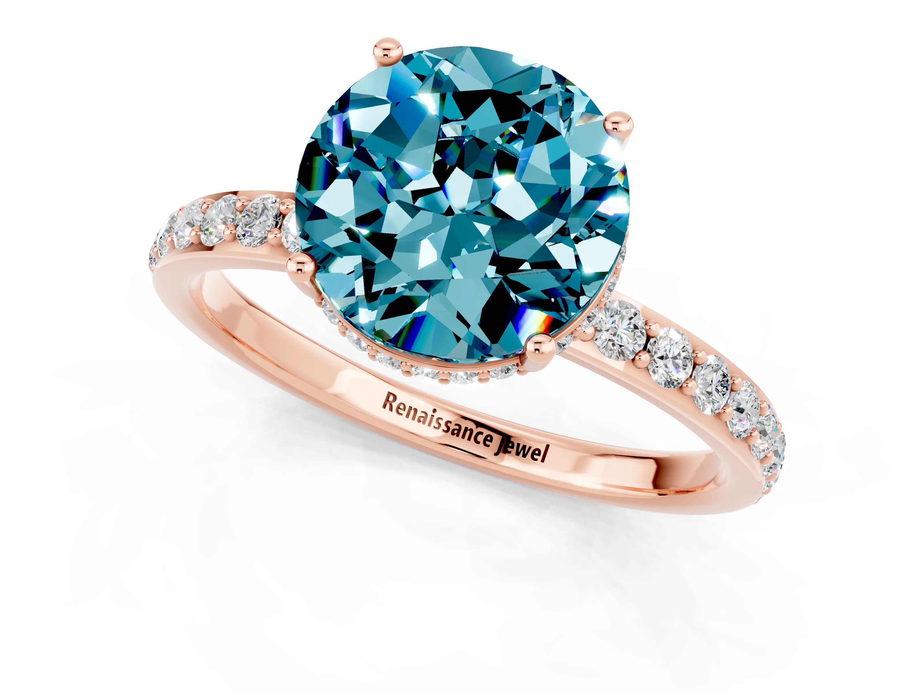Rose gold Round Cut Blue Topaz Solitaire Ring with Pavé Band and Hidden Halo_13