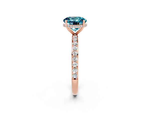 Rose gold Round Cut Blue Topaz Solitaire Ring with Pavé Band and Hidden Halo