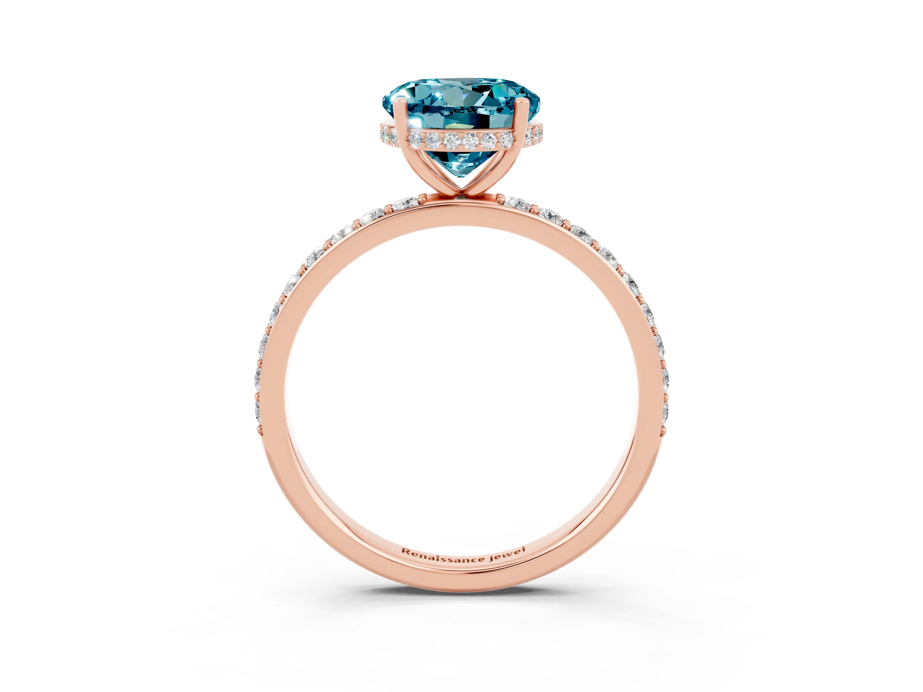 Rose gold Round Cut Blue Topaz Solitaire Ring with Pavé Band and Hidden Halo_15