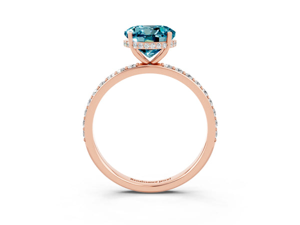 Rose gold Round Cut Blue Topaz Solitaire Ring with Pavé Band and Hidden Halo