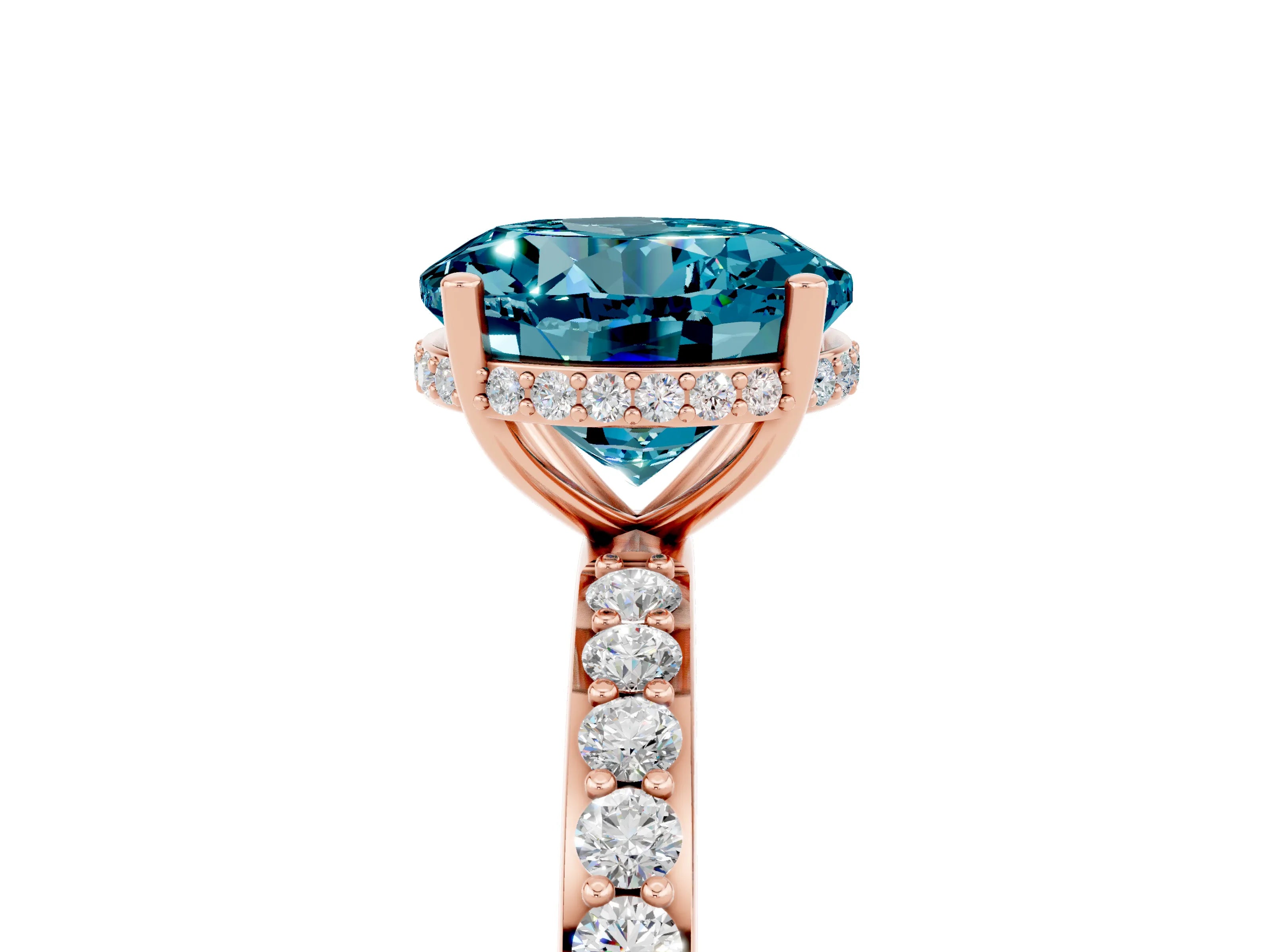 Rose gold Round Cut Blue Topaz Solitaire Ring with Pavé Band and Hidden Halo_17
