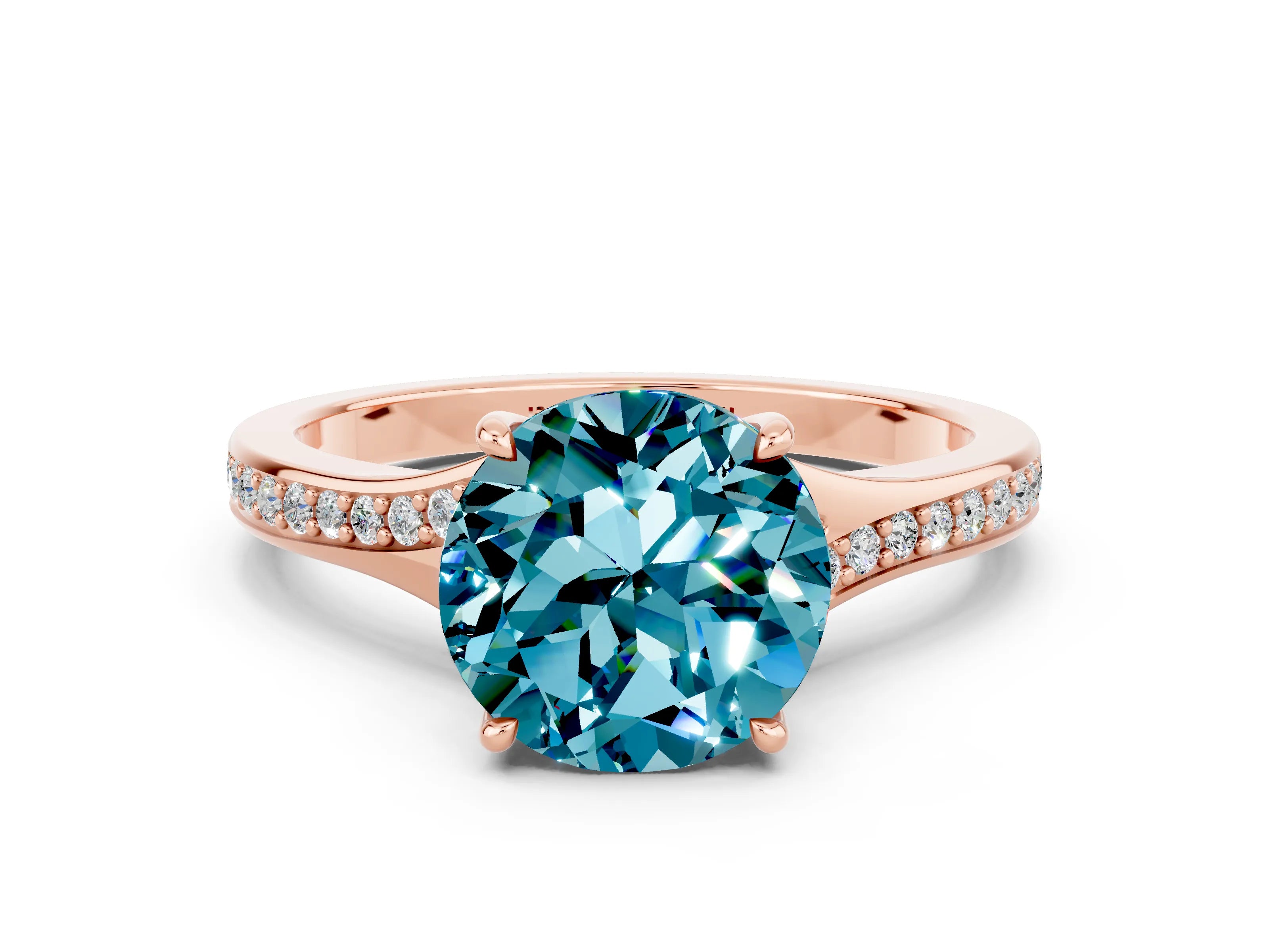 Rose gold Round Cut Blue Topaz Solitaire Ring with Pavé Band and Prong Setting_12