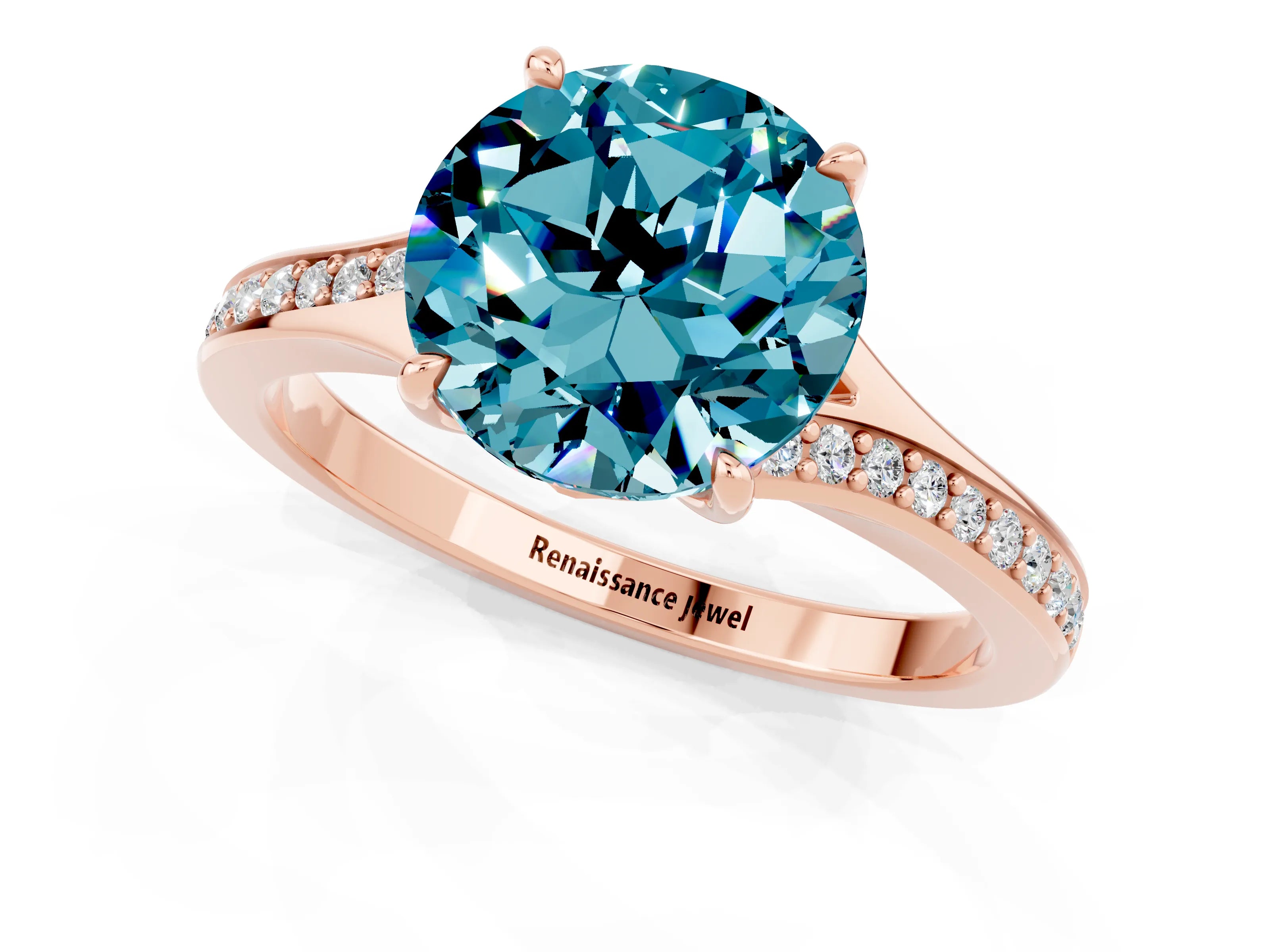 Rose gold Round Cut Blue Topaz Solitaire Ring with Pavé Band and Prong Setting_13