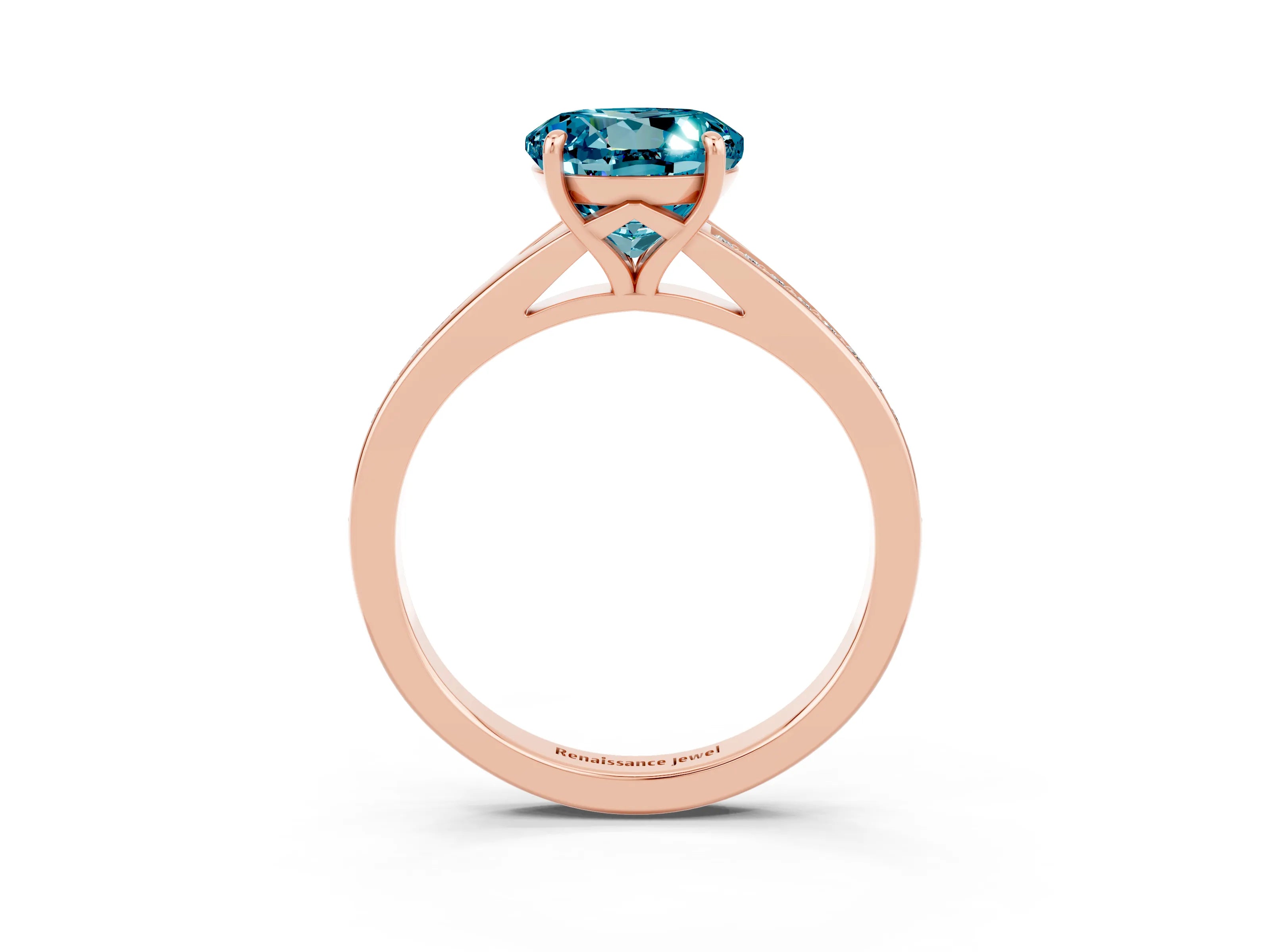 Rose gold Round Cut Blue Topaz Solitaire Ring with Pavé Band and Prong Setting_3