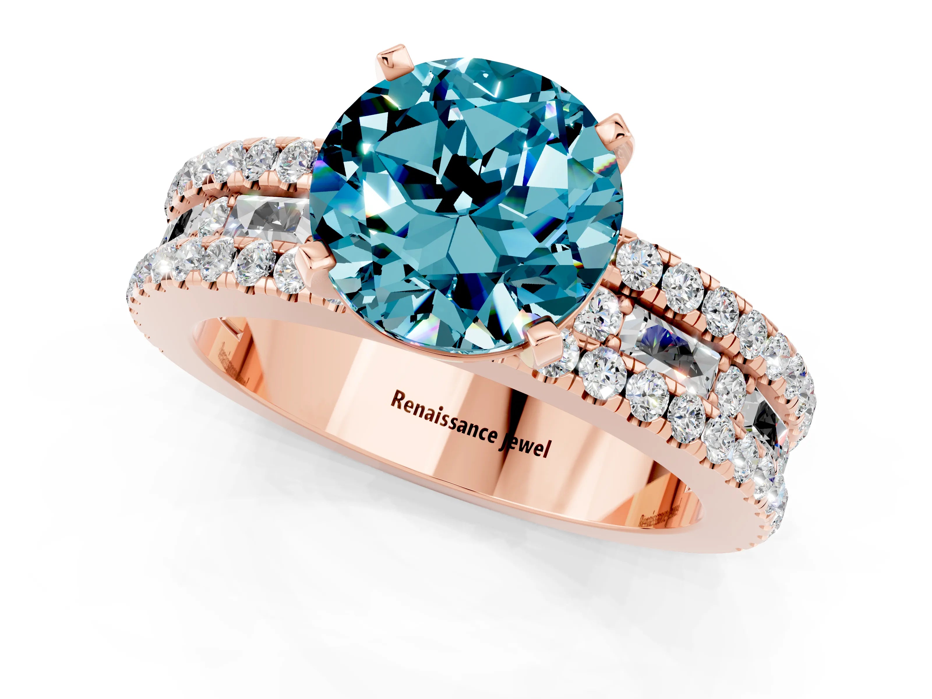 Rose gold Round Cut Blue Topaz Solitaire Ring with Pavé and Channel Set Band_1