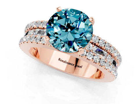 Rose gold Round Cut Blue Topaz Solitaire Ring with Pavé and Channel Set Band_1