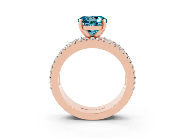 Rose gold Round Cut Blue Topaz Solitaire Ring with Pavé and Channel Set Band