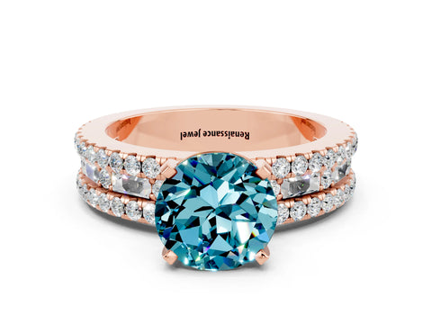 Rose gold Round Cut Blue Topaz Solitaire Ring with Pavé and Channel Set Band