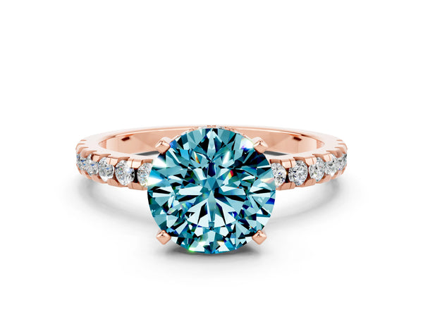 Rose gold Round Cut Blue Topaz Solitaire Ring with Round Pavé Band and Four-Prong Setting